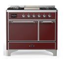 ILVE Majestic III 40-inch Dual Fuel Range with 6 Natural Gas Burner, Griddle and Solid Door Electric Oven in Burgundy with Chrome Trim (UMD40FQNR3BUC)