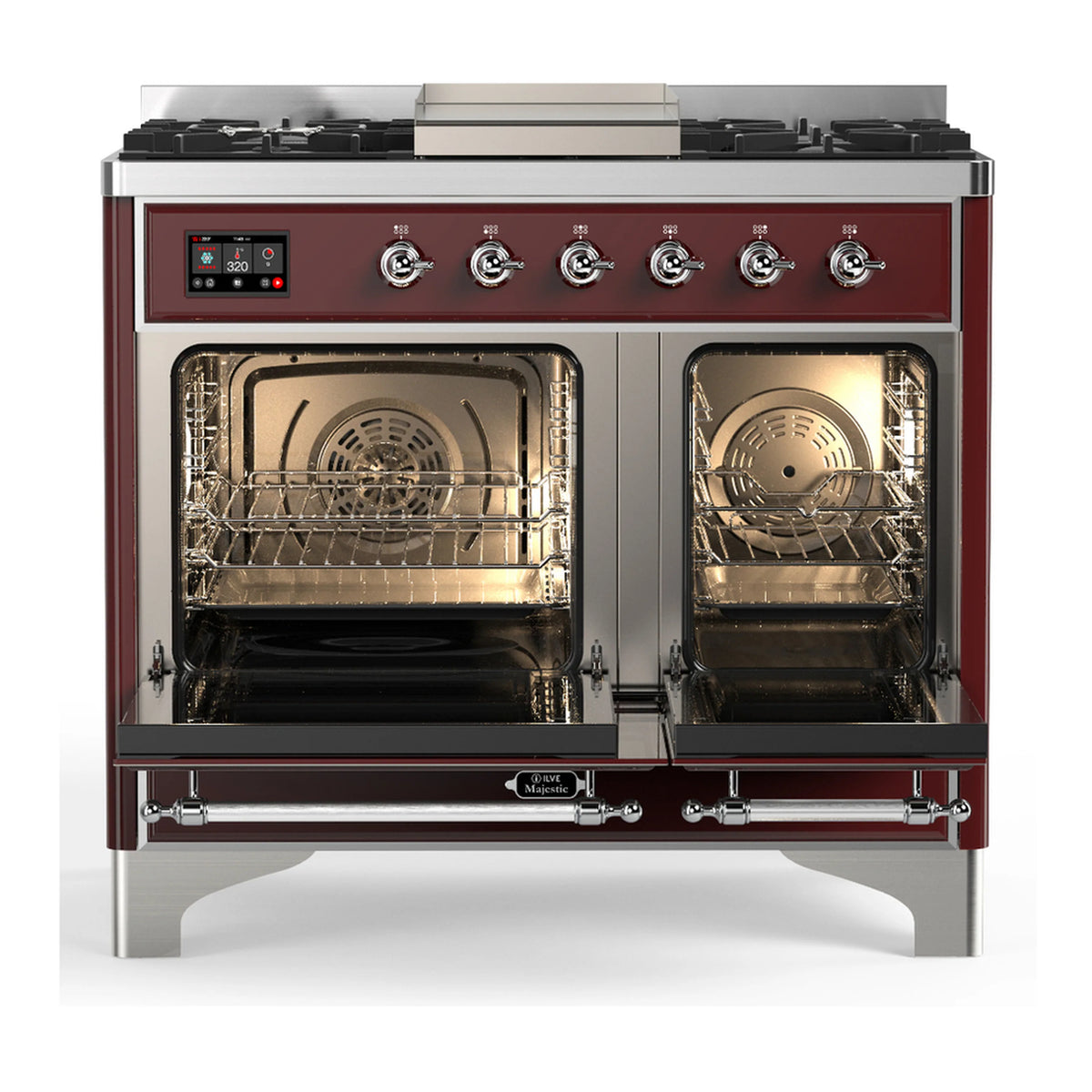 Burgundy dual fuel range with open ovens, chrome knobs, and front griddle top
