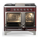 ILVE Majestic III 40-inch Dual Fuel Range with 6 Natural Gas Burner, Griddle and Solid Door Electric Oven in Burgundy with Chrome Trim (UMD40FQNR3BUC)