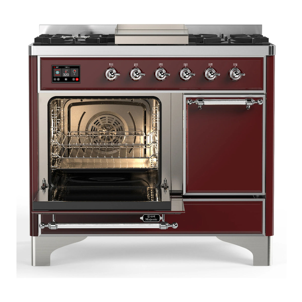 Burgundy dual fuel range with one oven door closed, chrome knobs, and griddle top