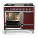 ILVE Majestic III 40-inch Dual Fuel Range with 6 Natural Gas Burner, Griddle and Solid Door Electric Oven in Burgundy with Chrome Trim (UMD40FQNR3BUC)