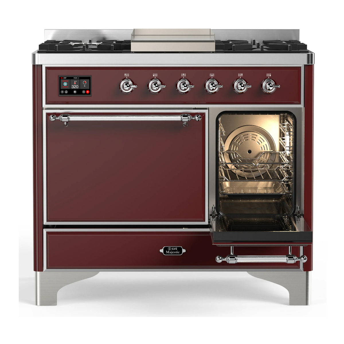 Burgundy dual fuel range with open oven door, chrome knobs, and front griddle top