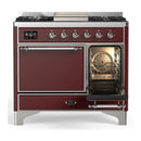 ILVE Majestic III 40-inch Dual Fuel Range with 6 Natural Gas Burner, Griddle and Solid Door Electric Oven in Burgundy with Chrome Trim (UMD40FQNR3BUC)