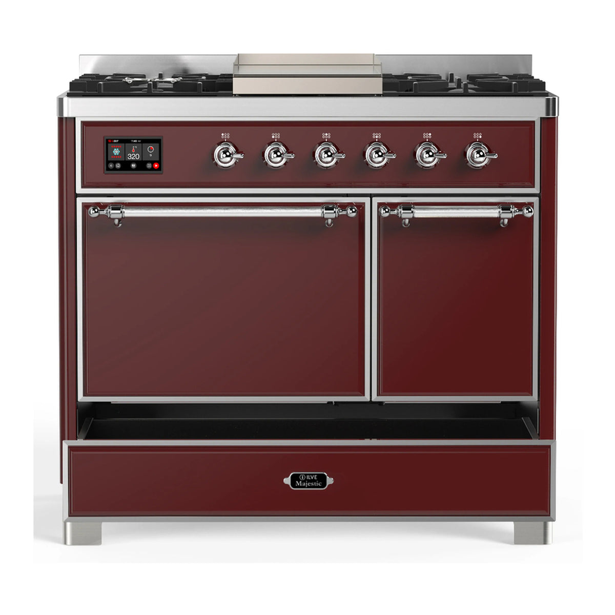Burgundy dual fuel range with two closed oven doors, chrome control knobs, and handles
