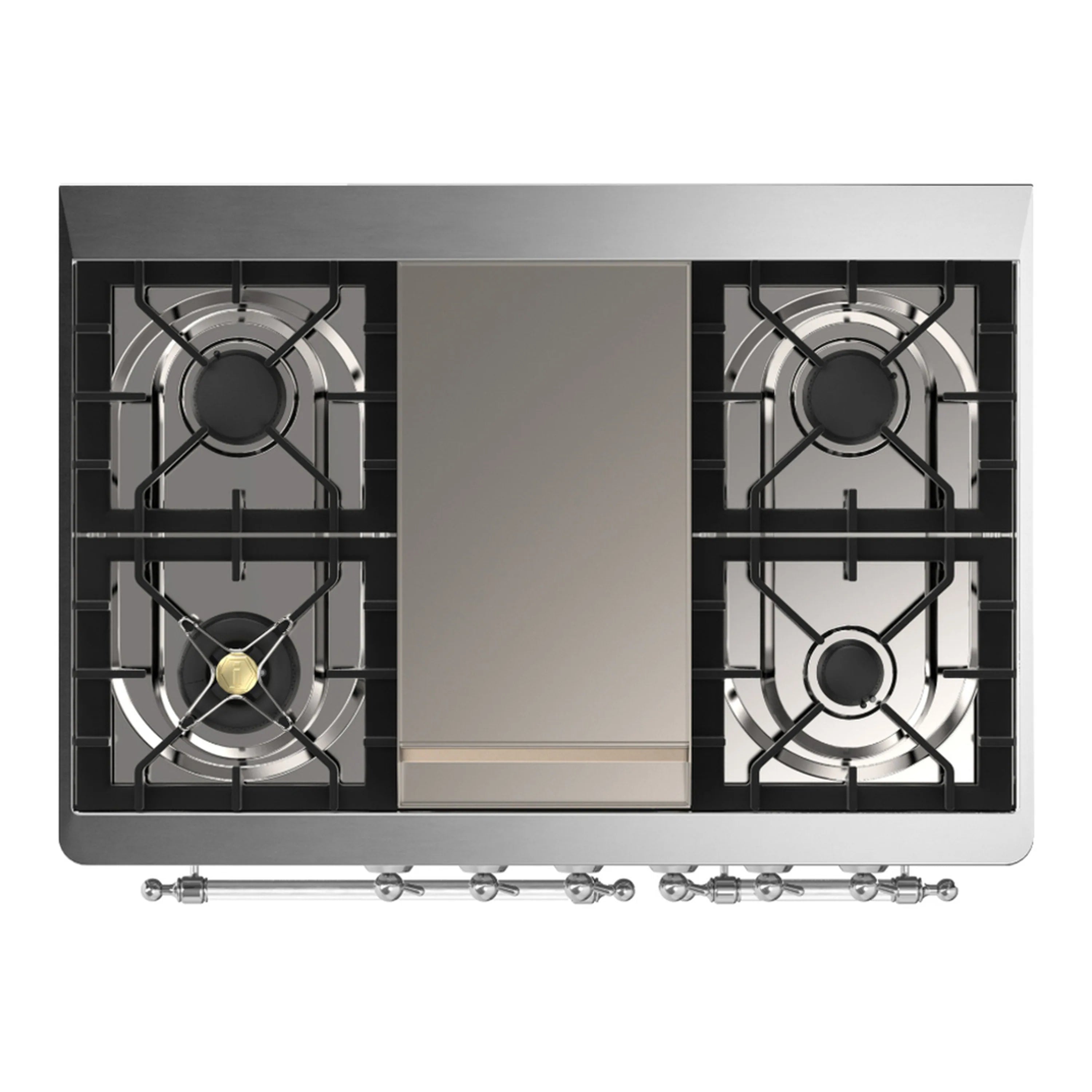Cooktop view showing two gas burners with cast grates