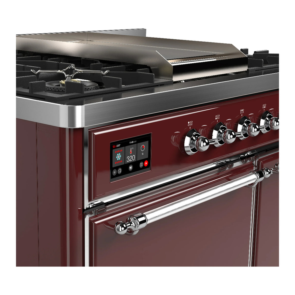 Burgundy dual fuel range with chrome control panel, display, and long oven handle