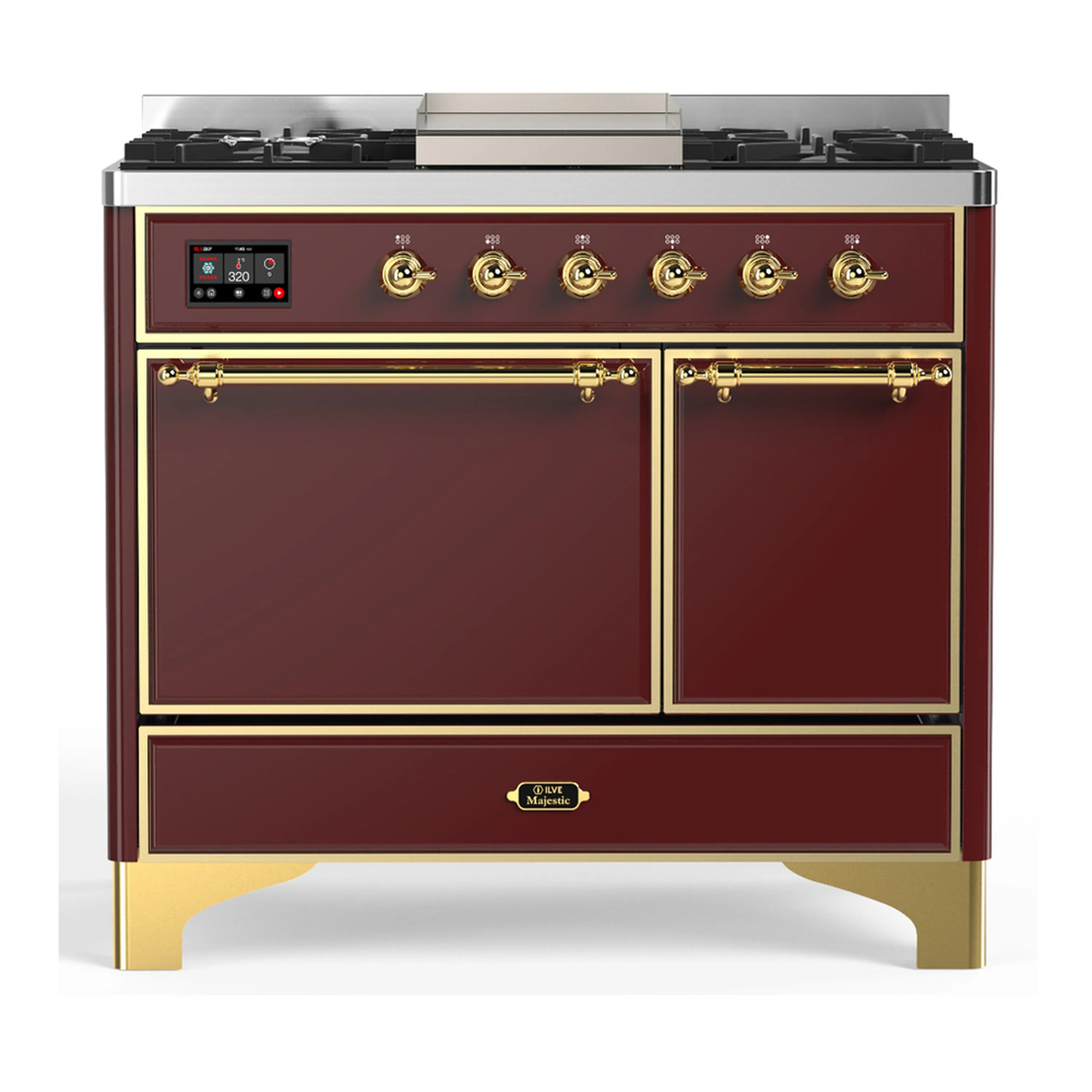 Burgundy dual fuel range with brass trim; two doors, oven door window, and drawer, front view