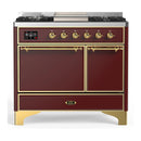 ILVE Majestic III 40-inch Dual Fuel Range with 5 Liquid Propane Burner, Griddle and Solid Door Electric Oven in Burgundy with Brass Trim (UMD40FQNR3BUGLP)