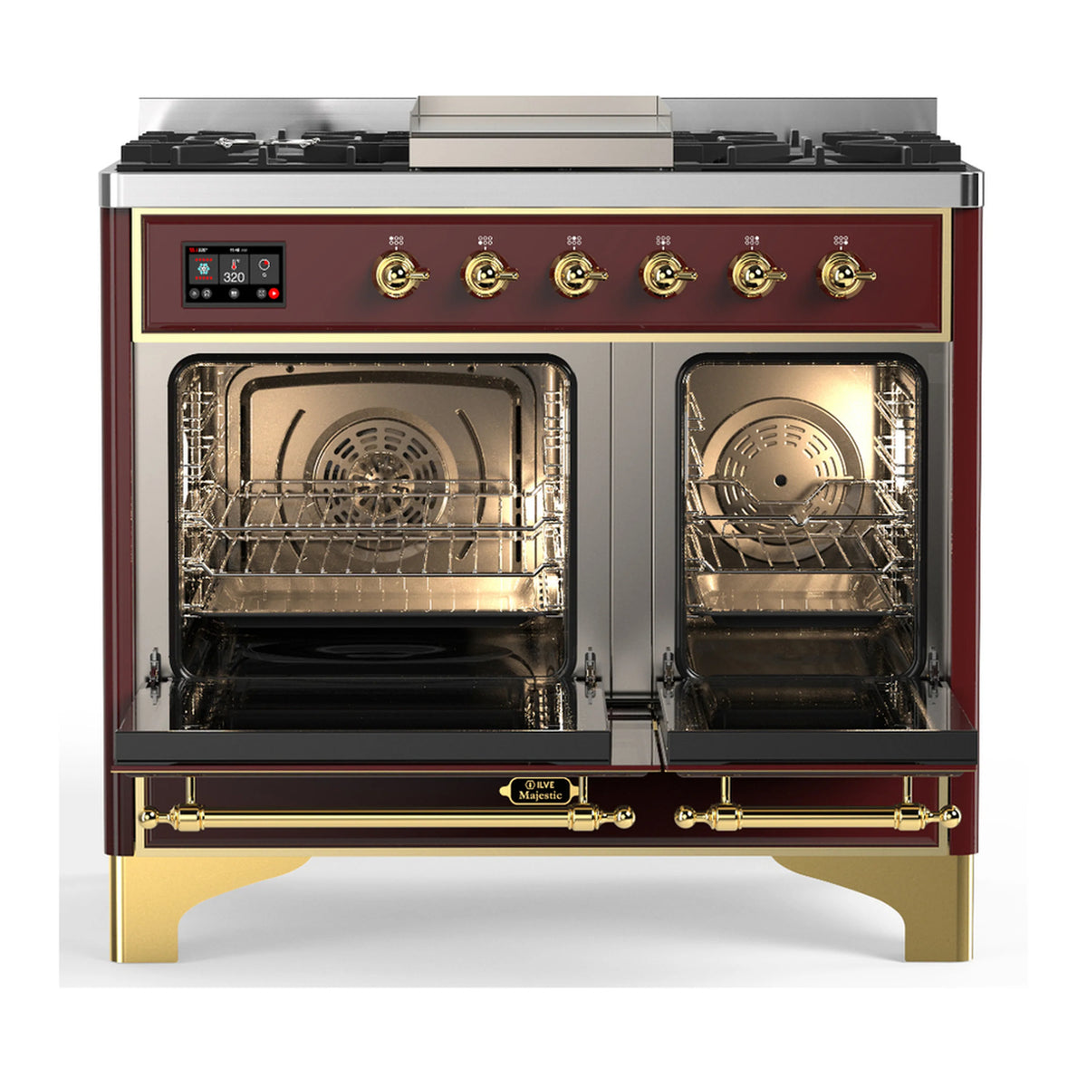 Burgundy dual fuel range with brass-trimmed oven doors, open electric oven and racks