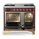 ILVE Majestic III 40-inch Dual Fuel Range with 5 Liquid Propane Burner, Griddle and Solid Door Electric Oven in Burgundy with Brass Trim (UMD40FQNR3BUGLP)