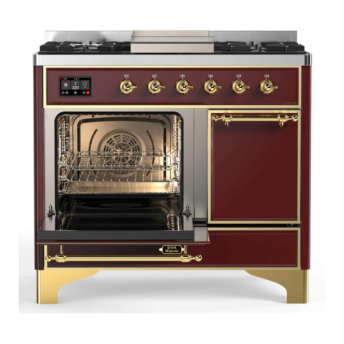 Burgundy dual fuel range with brass trim; left oven open, right door closed, front view