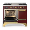 ILVE Majestic III 40-inch Dual Fuel Range with 5 Liquid Propane Burner, Griddle and Solid Door Electric Oven in Burgundy with Brass Trim (UMD40FQNR3BUGLP)