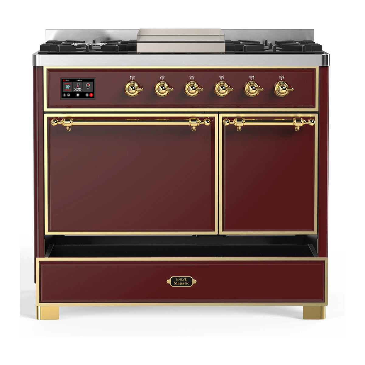 Burgundy dual fuel range with brass trim; two cabinet doors and storage drawer, front view