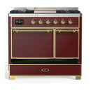 ILVE Majestic III 40-inch Dual Fuel Range with 5 Liquid Propane Burner, Griddle and Solid Door Electric Oven in Burgundy with Brass Trim (UMD40FQNR3BUGLP)
