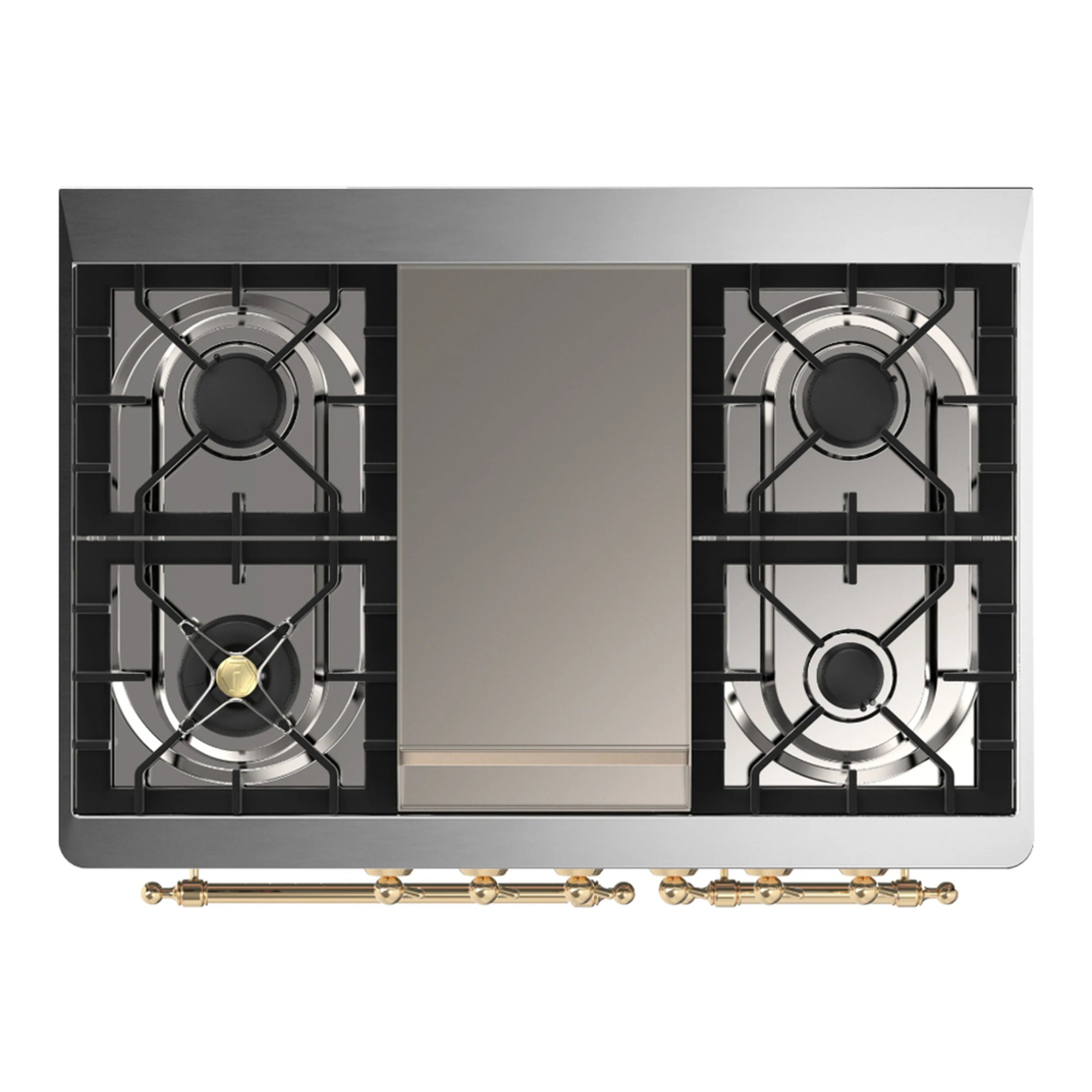 Burgundy dual fuel range cooktop with four burners and black grates, top view