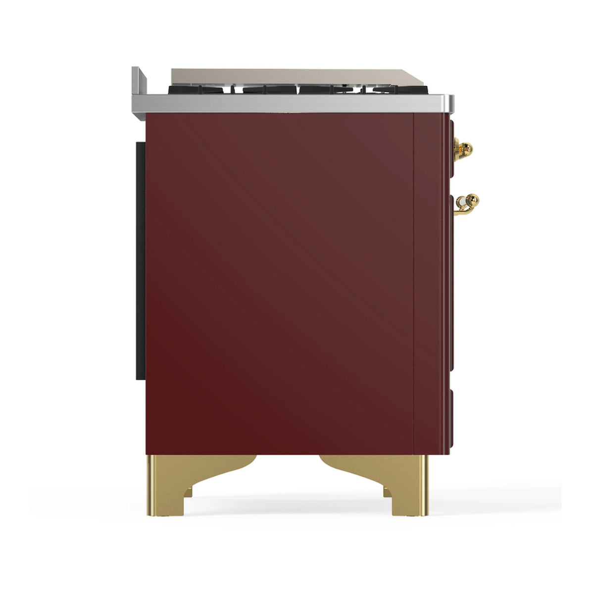 Burgundy side of dual fuel range with brass trim legs and panel details, side view