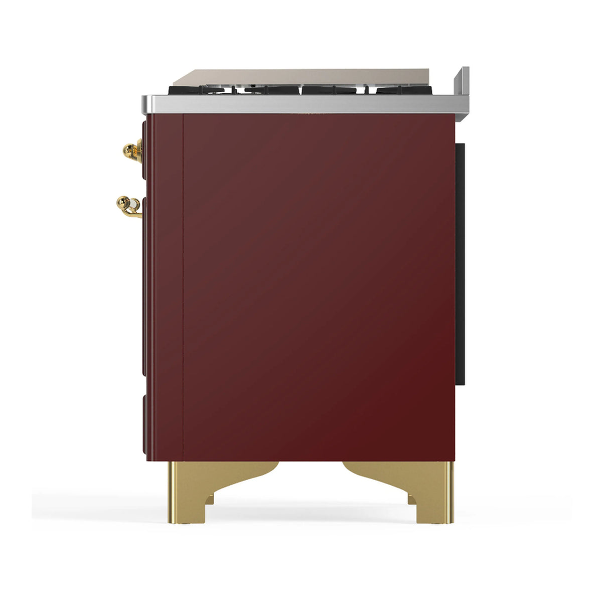 Burgundy side panel of dual fuel range with brass-trimmed legs, side view