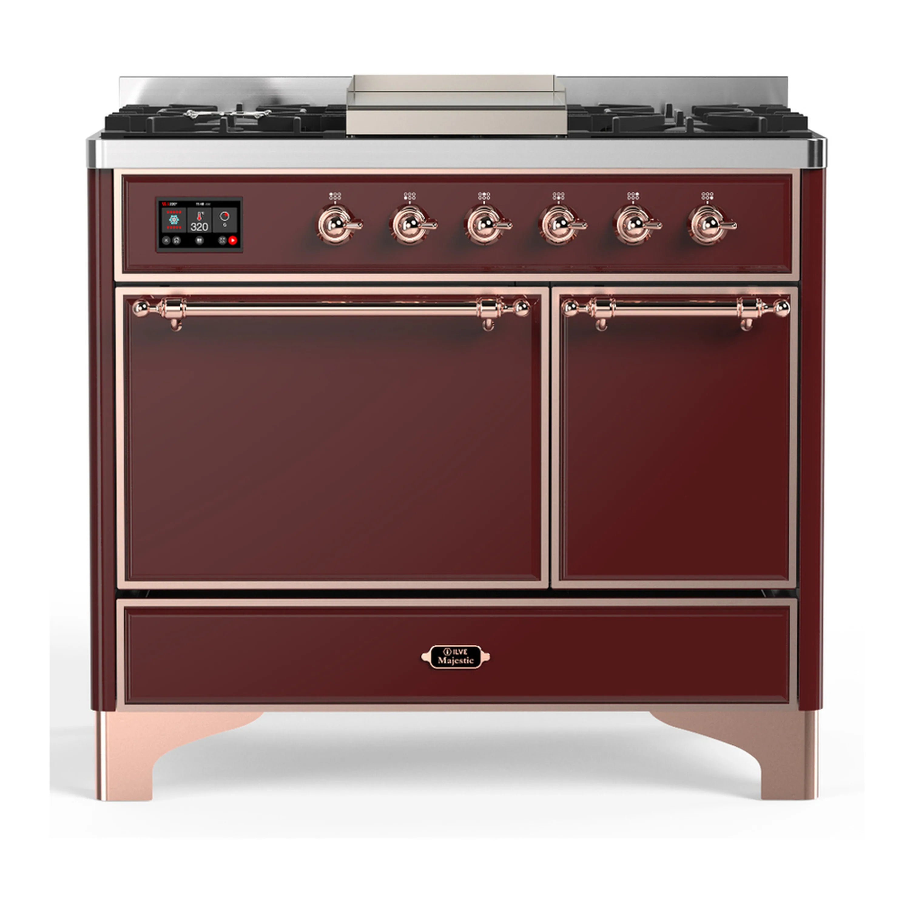 Burgundy dual fuel range with front knobs, copper handles, and two closed oven doors
