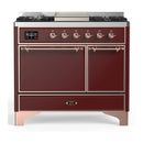 ILVE Majestic III 40-inch Dual Fuel Range with 5 Liquid Propane Burner, Griddle and Solid Door Electric Oven in Burgundy with Copper Trim (UMD40FQNR3BUPLP)