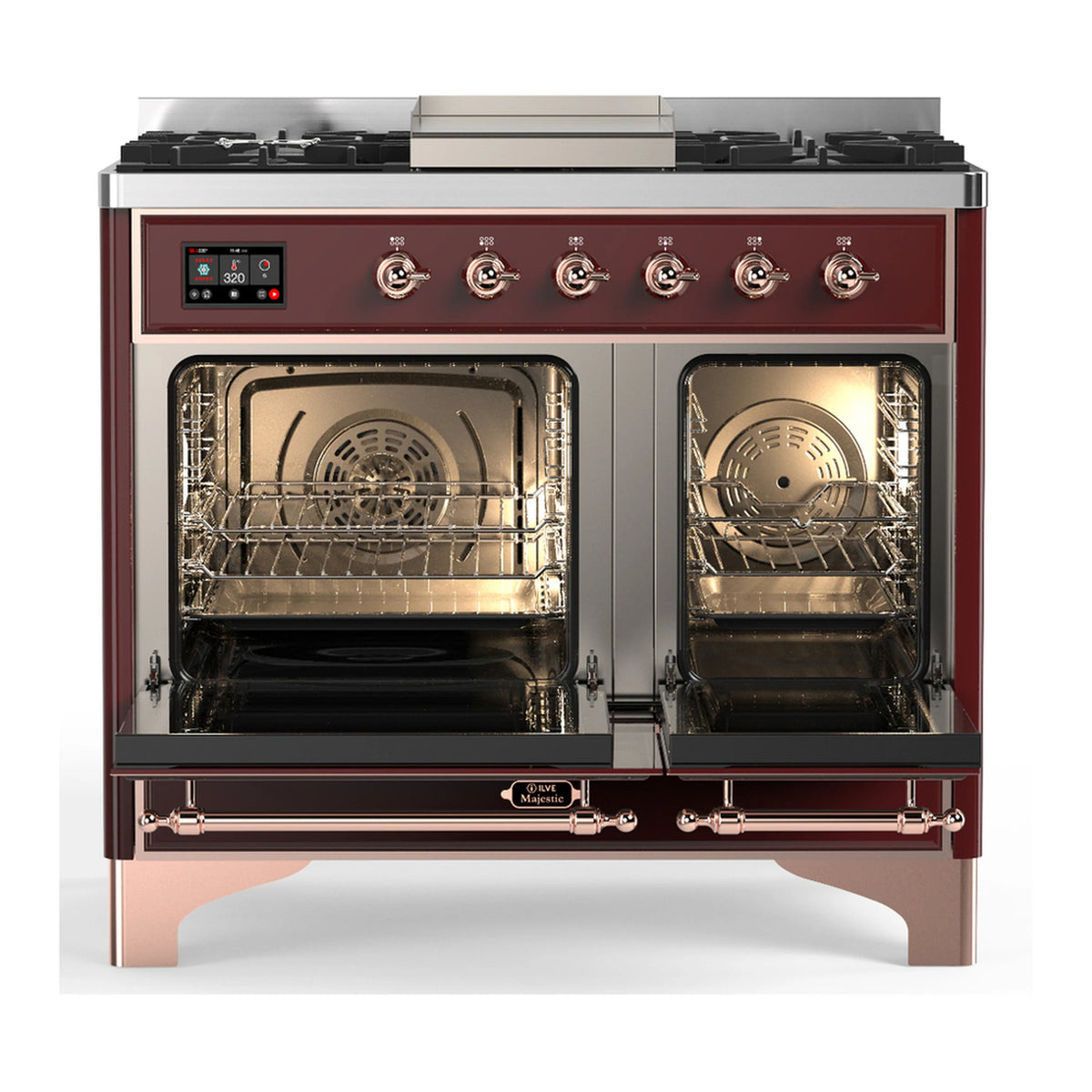 Burgundy dual fuel range with both ovens open, showing racks and interior oven lights