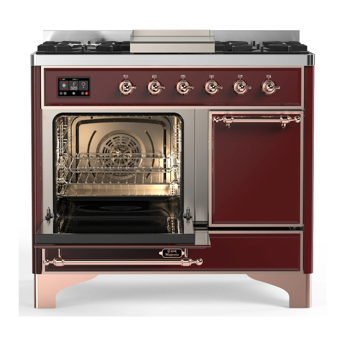 Burgundy dual fuel range with open oven door, copper trim, and control panel with burners