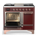 ILVE Majestic III 40-inch Dual Fuel Range with 5 Liquid Propane Burner, Griddle and Solid Door Electric Oven in Burgundy with Copper Trim (UMD40FQNR3BUPLP)