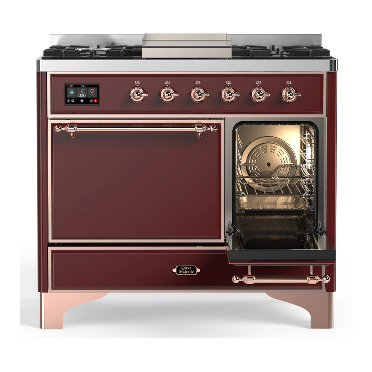 Burgundy dual fuel range with side-open oven door, copper trim, and burner control knobs