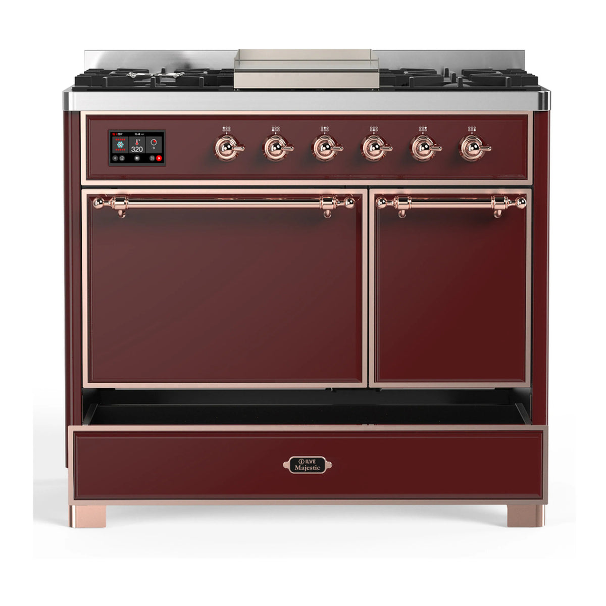 Burgundy dual fuel range with two closed oven doors, copper handles, and burner control panel