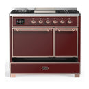 ILVE Majestic III 40-inch Dual Fuel Range with 5 Liquid Propane Burner, Griddle and Solid Door Electric Oven in Burgundy with Copper Trim (UMD40FQNR3BUPLP)
