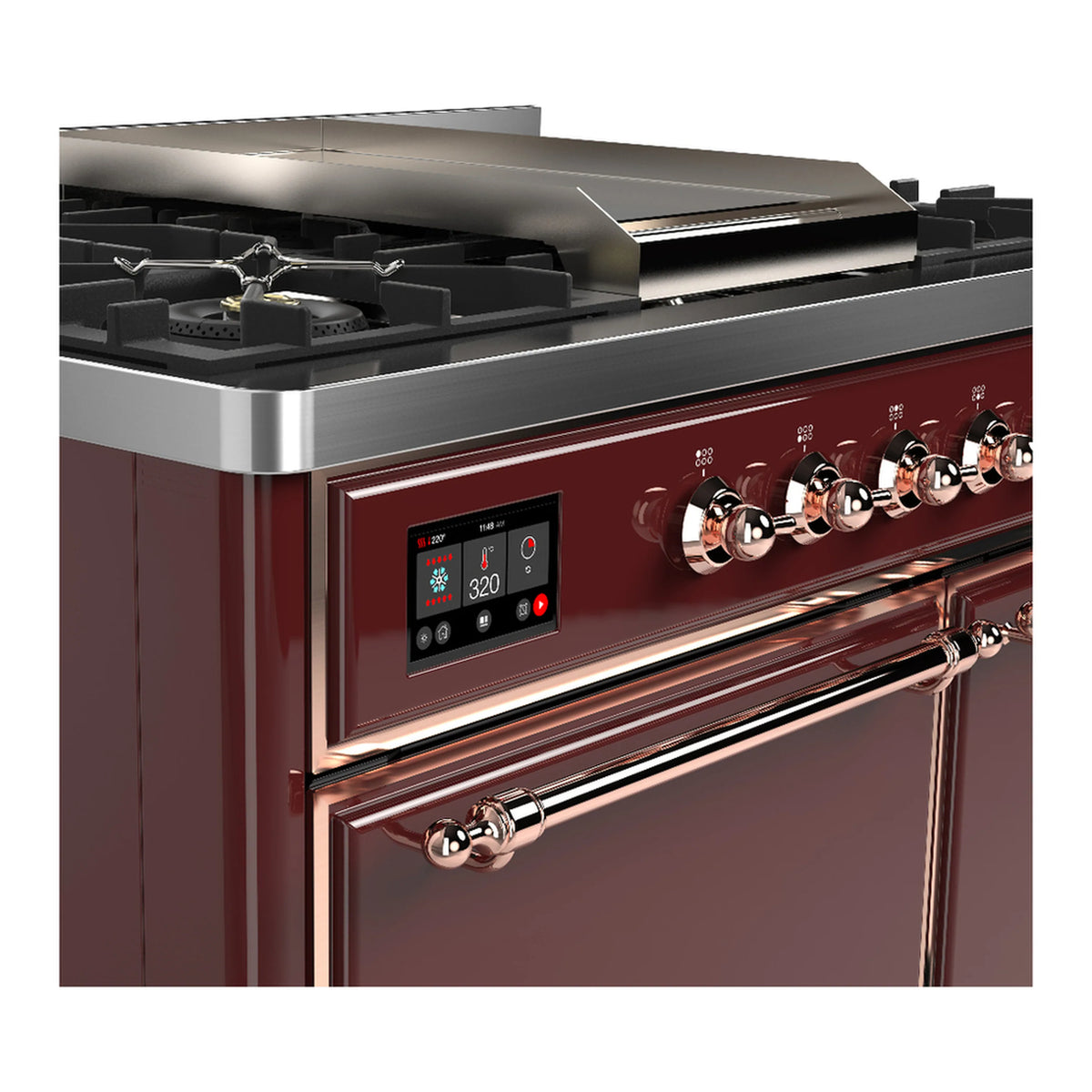 Burgundy dual fuel range side-front view with lit control display and copper trim handles