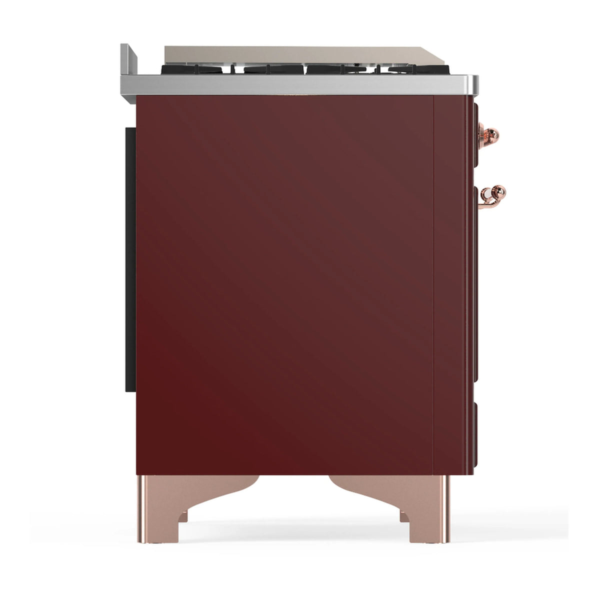 Burgundy dual fuel range side view with copper knobs and trim, doors closed