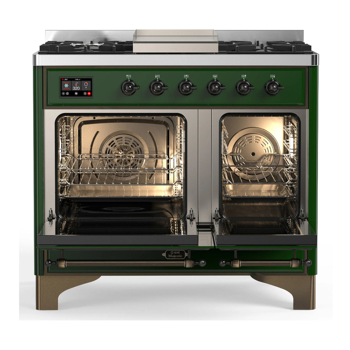 Emerald green dual fuel range with burners and open solid-door electric oven