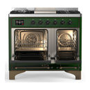 ILVE Majestic III 40-inch Dual Fuel Range with 6 Natural Gas Burner, Griddle and Solid Door Electric Oven in Emerald Green with Burnished Trim (UMD40FQNR3EGB)