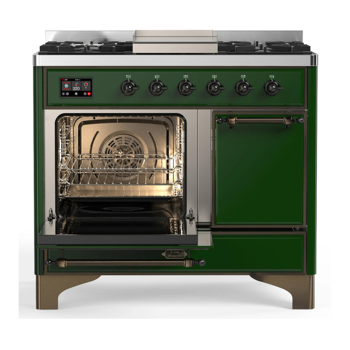 Emerald green dual fuel range with open oven door and control panel with knobs