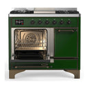 ILVE Majestic III 40-inch Dual Fuel Range with 6 Natural Gas Burner, Griddle and Solid Door Electric Oven in Emerald Green with Burnished Trim (UMD40FQNR3EGB)