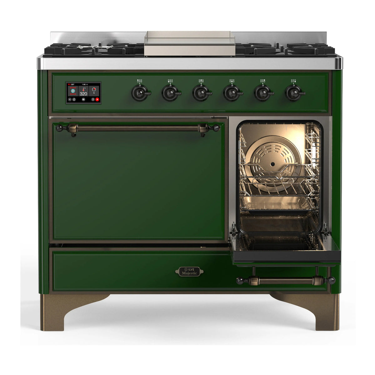 Emerald green dual fuel range with lit oven window, burners, and dual cabinet doors