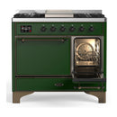 ILVE Majestic III 40-inch Dual Fuel Range with 6 Natural Gas Burner, Griddle and Solid Door Electric Oven in Emerald Green with Burnished Trim (UMD40FQNR3EGB)