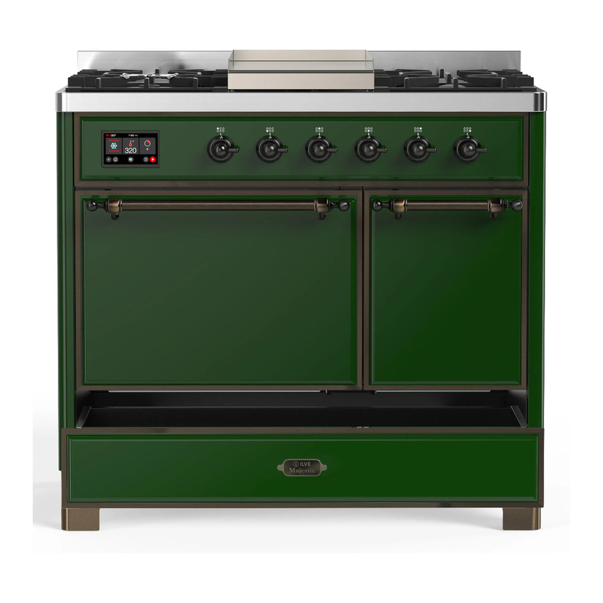 Emerald green dual fuel range with backguard controls and two closed oven doors