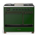 ILVE Majestic III 40-inch Dual Fuel Range with 6 Natural Gas Burner, Griddle and Solid Door Electric Oven in Emerald Green with Burnished Trim (UMD40FQNR3EGB)