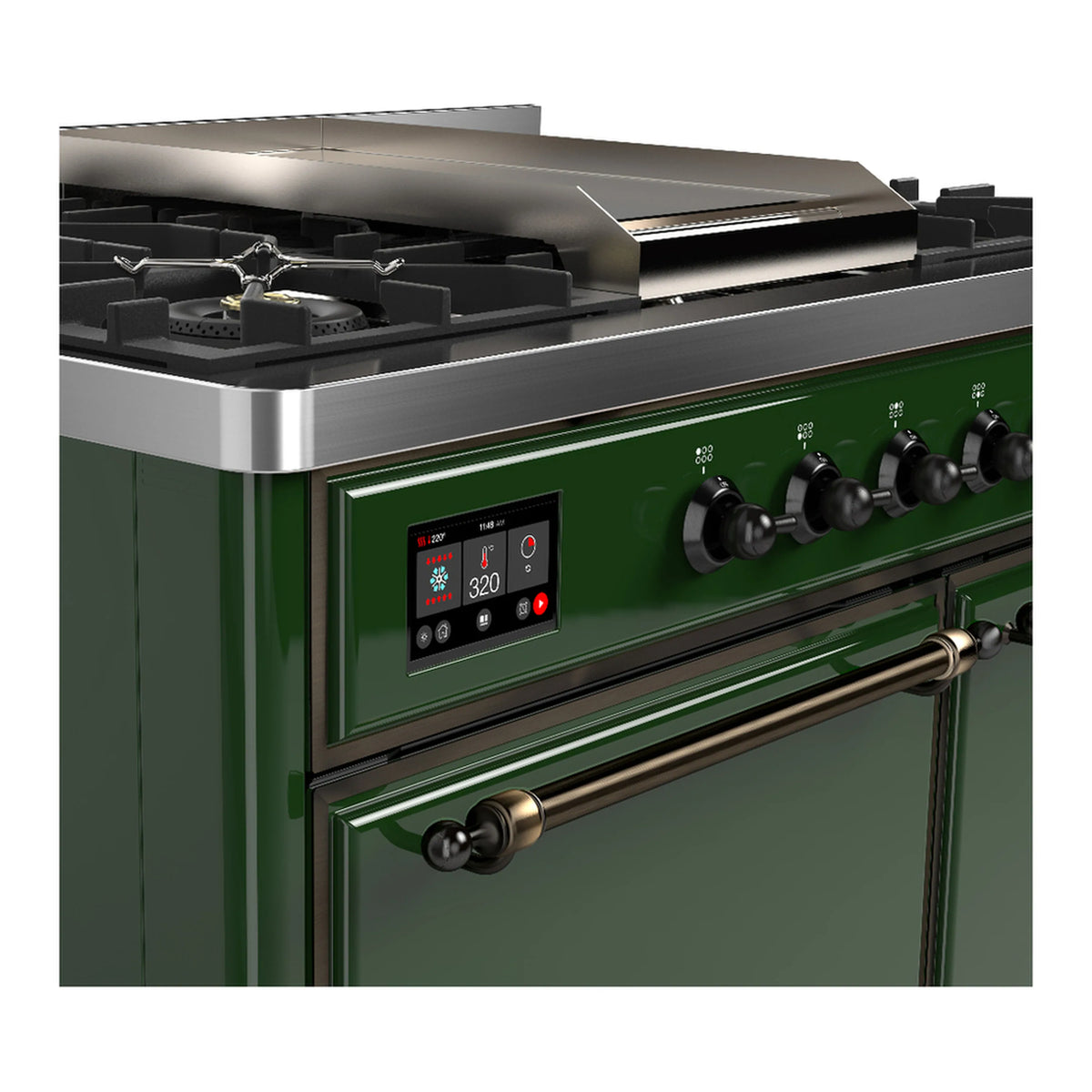 Emerald green range control panel with digital display and brass-colored oven handle