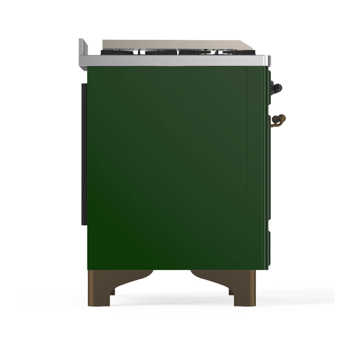 Emerald green range side panel with stainless trim and rear control knobs