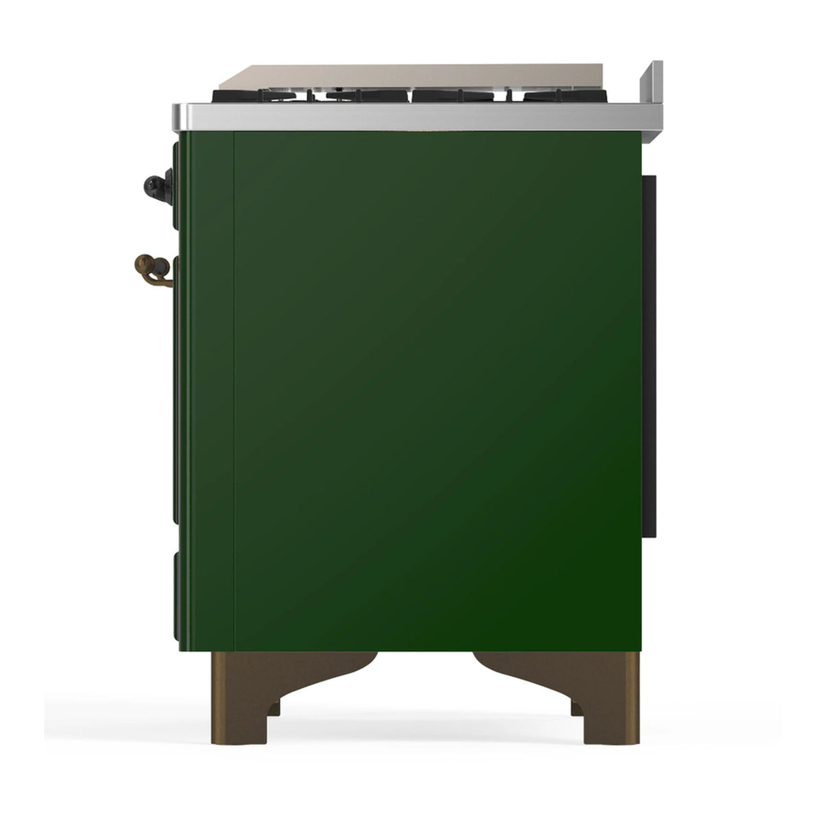 Emerald green range back panel with stainless trim and side service knobs