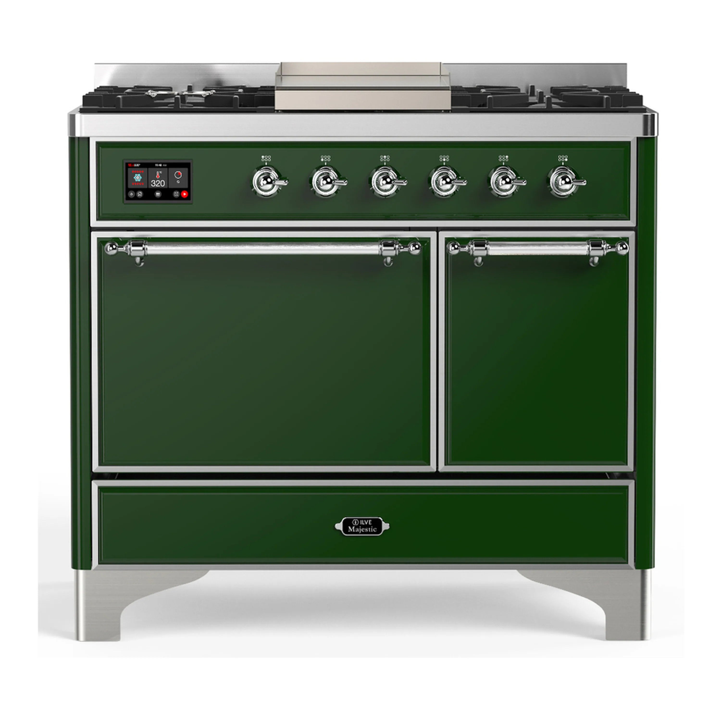 ILVE Majestic dual fuel range in emerald green with chrome-trimmed double doors and control knobs
