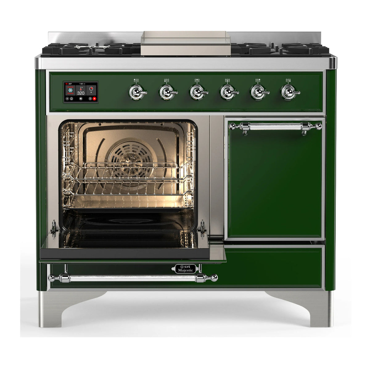 ILVE Majestic dual fuel range with left oven door open and right solid door, emerald green