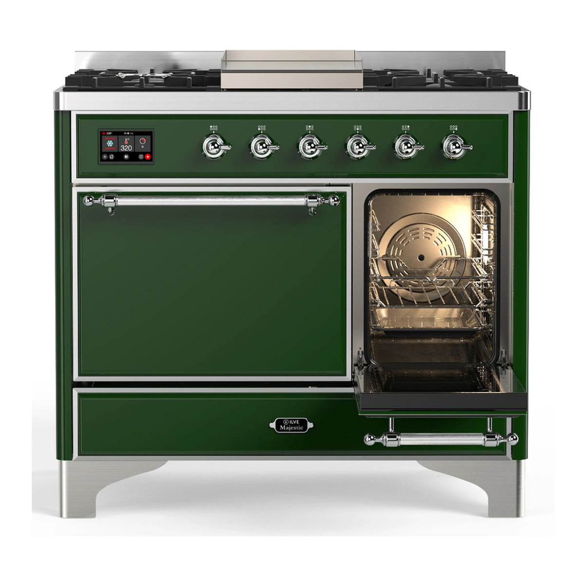 Emerald green dual fuel range with both oven doors, showing lit electric oven interior