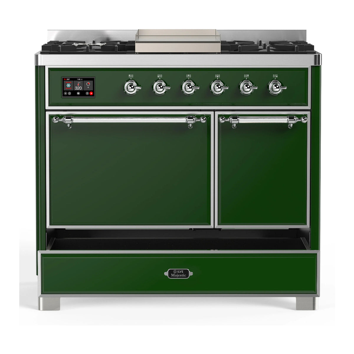 ILVE Majestic dual fuel range, emerald green front with two solid doors and lower storage drawer