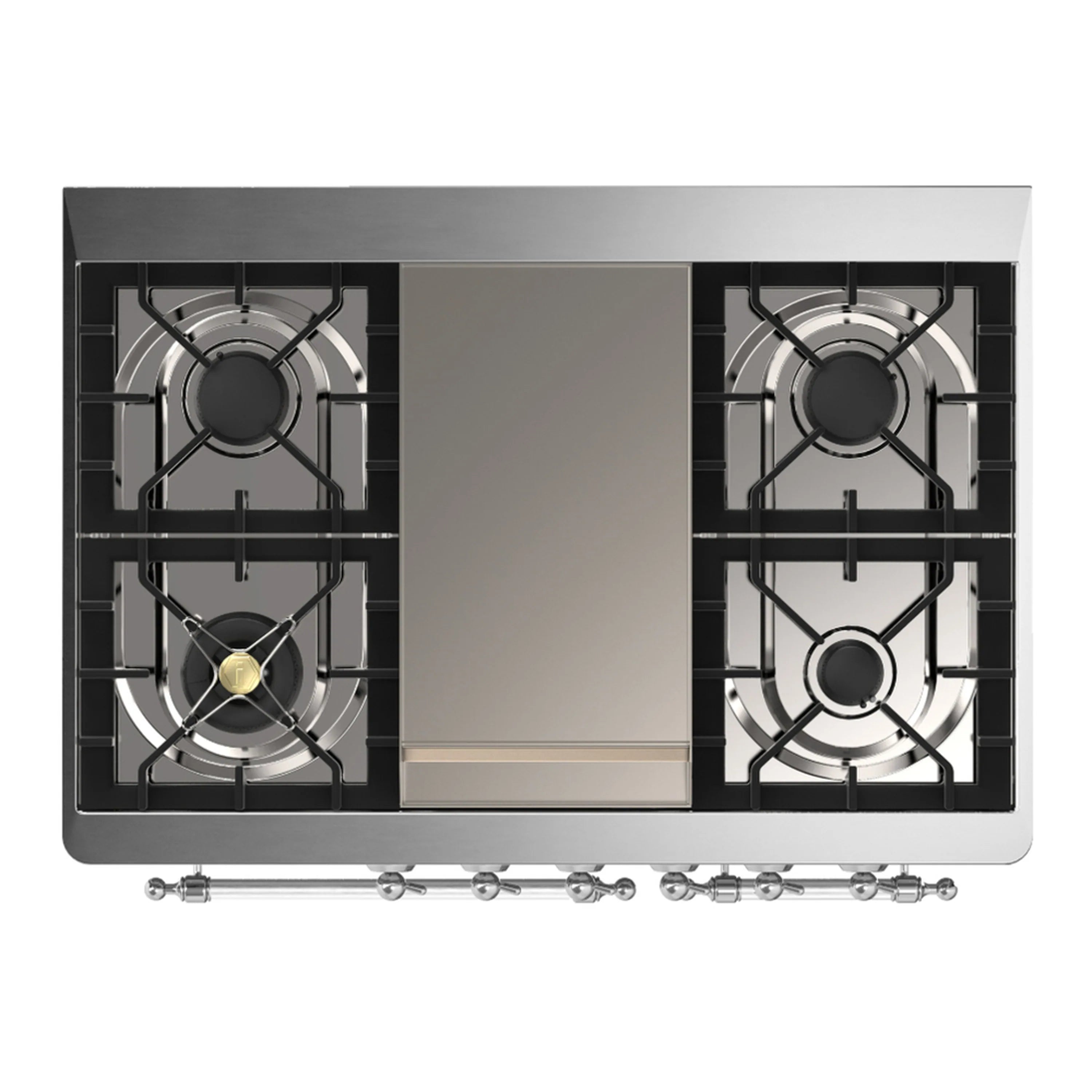ILVE Majestic dual fuel range top view with four burners and center griddle, black grates