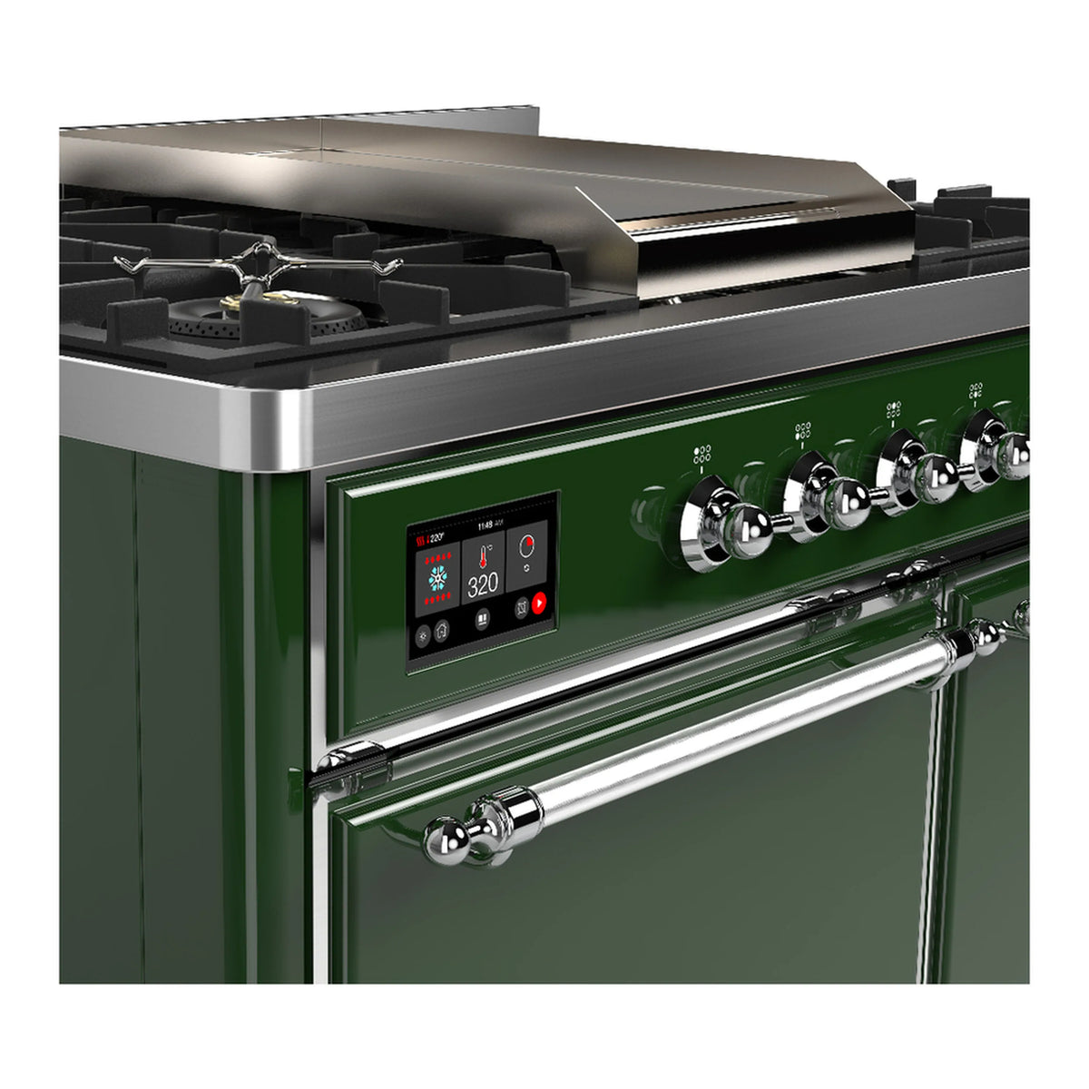 Emerald green dual fuel range control panel with knobs and stainless rail handle
