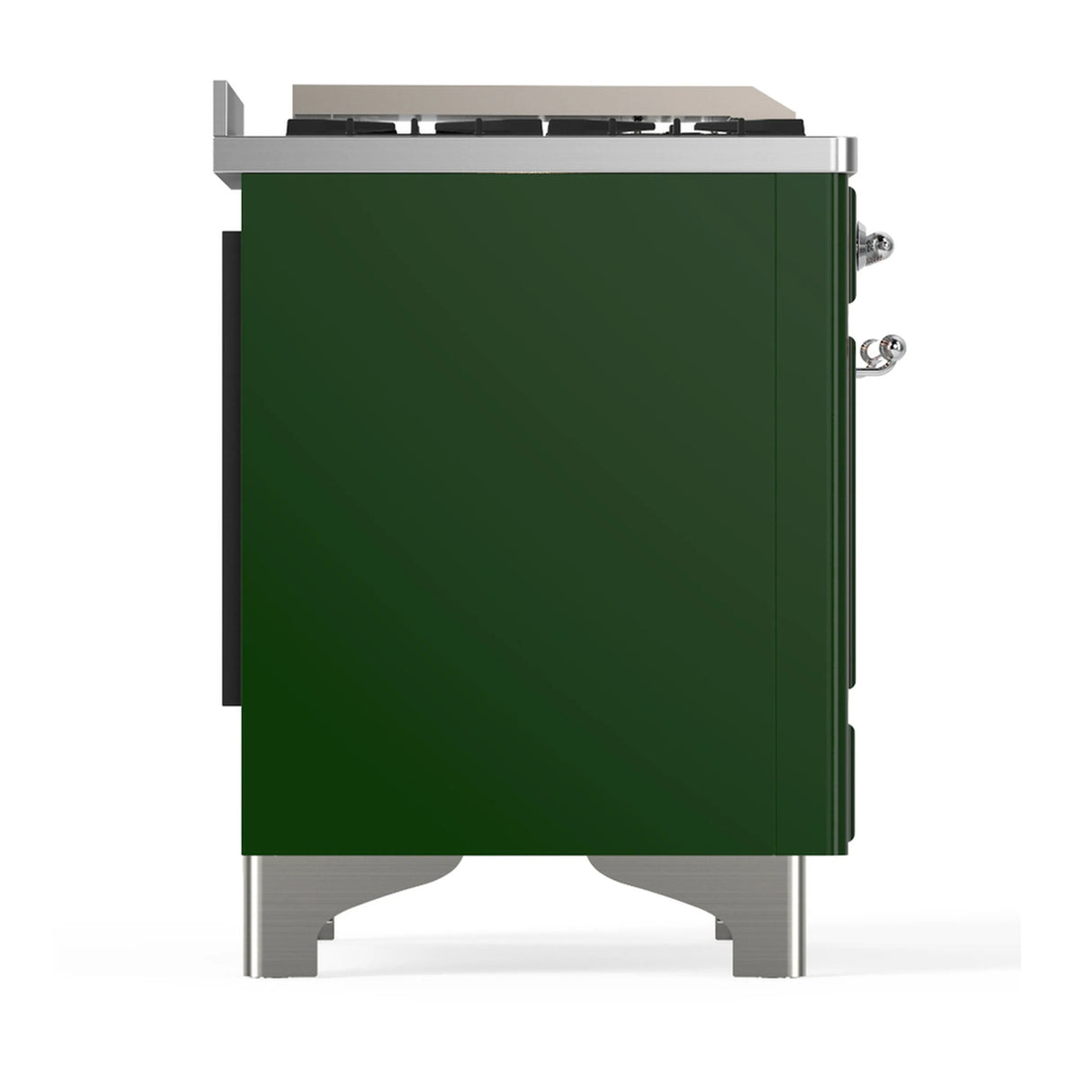 ILVE Majestic dual fuel range side view, emerald green panel with rear trim and control knobs