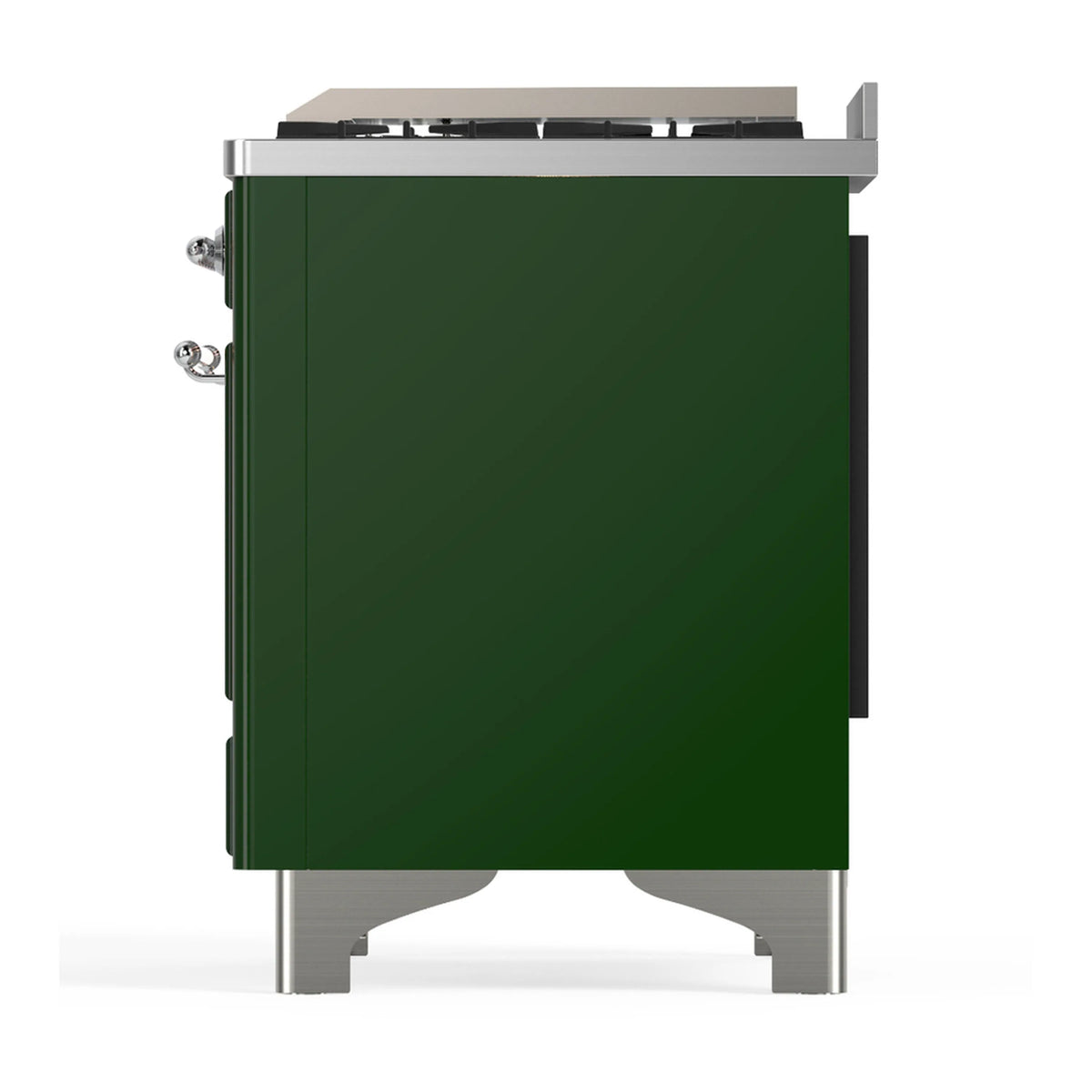 Emerald green side view of a dual fuel range with chrome base supports